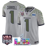 Men's Seattle Seahawks #1 Pete Carroll Gray 2025 F.U.S.E. Super Bowl LX & US 250th anniversary Patch And 50th Season Patch “Rivalries†Vapor Limited Footba