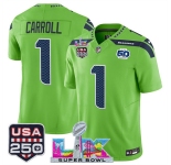 Men's Seattle Seahawks #1 Pete Carroll Green 2025 F.U.S.E. Super Bowl LX Patch And 50th Season & USA 250' Patch Vapor Limited Football Stitched Jersey