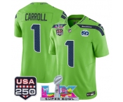 Men's Seattle Seahawks #1 Pete Carroll Green 2025 F.U.S.E. Super Bowl LX Patch And 50th Season & USA 250' Patch Vapor Limited Football Stitched Jersey