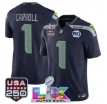 Men's Seattle Seahawks #1 Pete Carroll Navy 2025 F.U.S.E. Super Bowl LX Patch And 50th Season & USA 250' Patch Vapor Limited Football Stitched Jersey