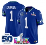 Men's Seattle Seahawks #1 Pete Carroll Royal 2025 F.U.S.E. Super Bowl LX Patch And 50th Season Patch Vapor Throwback Limited Football Stitched Jersey