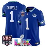 Men's Seattle Seahawks #1 Pete Carroll Royal 2025 F.U.S.E. Super Bowl LX Patch And 50th Season & USA 250' Patch Vapor Throwback Limited Football Stitched J