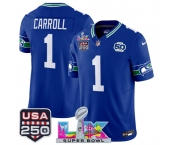 Men's Seattle Seahawks #1 Pete Carroll Royal 2025 F.U.S.E. Super Bowl LX Patch And 50th Season & USA 250' Patch Vapor Throwback Limited Football Stitched J