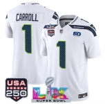 Men's Seattle Seahawks #1 Pete Carroll White 2025 F.U.S.E. Super Bowl LX Patch And 50th Season & USA 250' Patch Vapor Limited Football Stitched Jersey