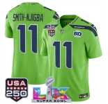 Men's Seattle Seahawks #11 Jaxon Smith-Njigba Green 2025 F.U.S.E. Super Bowl LX Patch And 50th Season & USA 250' Patch Vapor Limited Football Stitched Jers