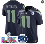 Men's Seattle Seahawks #11 Jaxon Smith-Njigba Navy 2025 F.U.S.E. Super Bowl LX Patch And 50th Season Patch Vapor Limited Football Stitched Jersey