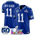 Men's Seattle Seahawks #11 Jaxon Smith-Njigba Royal 2025 F.U.S.E. Super Bowl LX Patch And 50th Season Patch Vapor Throwback Limited Football Stitched Jerse