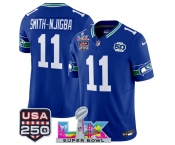 Men's Seattle Seahawks #11 Jaxon Smith-Njigba Royal 2025 F.U.S.E. Super Bowl LX Patch And 50th Season & USA 250' Patch Vapor Throwback Limited Football Sti