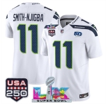 Men's Seattle Seahawks #11 Jaxon Smith-Njigba White 2025 F.U.S.E. Super Bowl LX Patch And 50th Season & USA 250' Patch Vapor Limited Football Stitched Jers