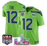Men's Seattle Seahawks #12 Fan Green 2025 F.U.S.E. Super Bowl LX Patch And 50th Season & USA 250' Patch Vapor Limited Football Stitched Jersey