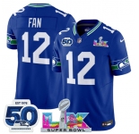 Men's Seattle Seahawks #12 Fan Royal 2025 F.U.S.E. Super Bowl LX Patch And 50th Season Patch Vapor Throwback Limited Football Stitched Jersey