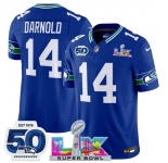 Men's Seattle Seahawks #14 Sam Darnold Royal 2025 F.U.S.E. Super Bowl LX Patch And 50th Season Patch Vapor Throwback Limited Football Stitched Jersey