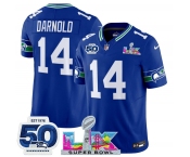 Men's Seattle Seahawks #14 Sam Darnold Royal 2025 F.U.S.E. Super Bowl LX Patch And 50th Season Patch Vapor Throwback Limited Football Stitched Jersey