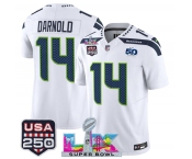 Men's Seattle Seahawks #14 Sam Darnold White 2025 F.U.S.E. Super Bowl LX Patch And 50th Season & USA 250' Patch Vapor Limited Football Stitched Jersey