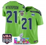 Men's Seattle Seahawks #21 Devon Witherspoon Green 2025 F.U.S.E. Super Bowl LX Patch And 50th Season & USA 250' Patch Vapor Limited Football Stitched Jerse