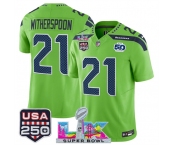 Men's Seattle Seahawks #21 Devon Witherspoon Green 2025 F.U.S.E. Super Bowl LX Patch And 50th Season & USA 250' Patch Vapor Limited Football Stitched Jerse