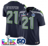 Men's Seattle Seahawks #21 Devon Witherspoon Navy 2025 F.U.S.E. Super Bowl LX Patch And 50th Season Patch Vapor Limited Football Stitched Jersey