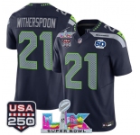 Men's Seattle Seahawks #21 Devon Witherspoon Navy 2025 F.U.S.E. Super Bowl LX Patch And 50th Season & USA 250' Patch Vapor Limited Football Stitched Jersey