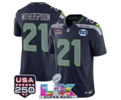 Men's Seattle Seahawks #21 Devon Witherspoon Navy 2025 F.U.S.E. Super Bowl LX Patch And 50th Season & USA 250' Patch Vapor Limited Football Stitched Jersey
