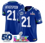 Men's Seattle Seahawks #21 Devon Witherspoon Royal 2025 F.U.S.E. Super Bowl LX Patch And 50th Season Patch Vapor Throwback Limited Football Stitched Jersey