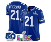 Men's Seattle Seahawks #21 Devon Witherspoon Royal 2025 F.U.S.E. Super Bowl LX Patch And 50th Season Patch Vapor Throwback Limited Football Stitched Jersey