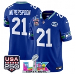 Men's Seattle Seahawks #21 Devon Witherspoon Royal 2025 F.U.S.E. Super Bowl LX Patch And 50th Season & USA 250' Patch Vapor Throwback Limited Football Stit