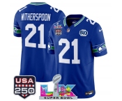 Men's Seattle Seahawks #21 Devon Witherspoon Royal 2025 F.U.S.E. Super Bowl LX Patch And 50th Season & USA 250' Patch Vapor Throwback Limited Football Stit