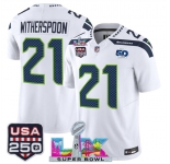 Men's Seattle Seahawks #21 Devon Witherspoon White 2025 F.U.S.E. Super Bowl LX Patch And 50th Season & USA 250' Patch Vapor Limited Football Stitched Jerse