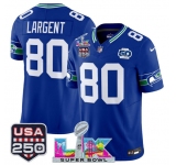 Men's Seattle Seahawks #80 Steve Largent Royal 2025 F.U.S.E. Super Bowl LX Patch And 50th Season & USA 250' Patch Vapor Throwback Limited Football Stitched