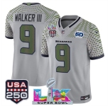 Men's Seattle Seahawks #9 Kenneth Walker III Gray 2025 F.U.S.E. Super Bowl LX & US 250th anniversary Patch And 50th Season Patch “Rivalries†Vapor Limited