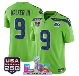 Men's Seattle Seahawks #9 Kenneth Walker III Green 2025 F.U.S.E. Super Bowl LX Patch And 50th Season & USA 250' Patch Vapor Limited Football Stitched Jerse