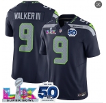 Men's Seattle Seahawks #9 Kenneth Walker III Navy 2025 F.U.S.E. Super Bowl LX Patch And 50th Season Patch Vapor Limited Football Stitched Jersey