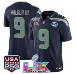 Men's Seattle Seahawks #9 Kenneth Walker III Navy 2025 F.U.S.E. Super Bowl LX Patch And 50th Season & USA 250' Patch Vapor Limited Football Stitched Jersey