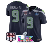 Men's Seattle Seahawks #9 Kenneth Walker III Navy 2025 F.U.S.E. Super Bowl LX Patch And 50th Season & USA 250' Patch Vapor Limited Football Stitched Jersey