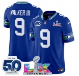 Men's Seattle Seahawks #9 Kenneth Walker III Royal 2025 F.U.S.E. Super Bowl LX Patch And 50th Season Patch Vapor Throwback Limited Football Stitched Jersey