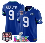 Men's Seattle Seahawks #9 Kenneth Walker III Royal 2025 F.U.S.E. Super Bowl LX Patch And 50th Season & USA 250' Patch Vapor Throwback Limited Football Stit