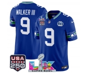 Men's Seattle Seahawks #9 Kenneth Walker III Royal 2025 F.U.S.E. Super Bowl LX Patch And 50th Season & USA 250' Patch Vapor Throwback Limited Football Stit