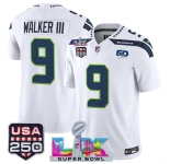 Men's Seattle Seahawks #9 Kenneth Walker III White 2025 F.U.S.E. Super Bowl LX Patch And 50th Season & USA 250' Patch Vapor Limited Football Stitched Jerse