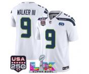 Men's Seattle Seahawks #9 Kenneth Walker III White 2025 F.U.S.E. Super Bowl LX Patch And 50th Season & USA 250' Patch Vapor Limited Football Stitched Jerse
