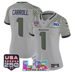 Women's Seattle Seahawks #1 Pete Carroll Gray 2025 F.U.S.E. Super Bowl LX & US 250th anniversary Patch And 50th Season Patch “Rivalries” Vapor Limited Foot