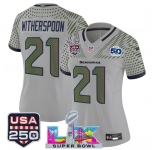 Women's Seattle Seahawks #21 Devon Witherspoon Gray 2025 F.U.S.E. Super Bowl LX & US 250th anniversary Patch And 50th Season Patch “Rivalries” Vapor Limite