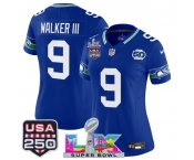 Women's Seattle Seahawks #9 Kenneth Walker III Royal 2025 F.U.S.E. Super Bowl LX Patch And 50th Season & USA 250' Patch Vapor Throwback Limited Stitched Fo