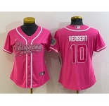 Women's Los Angeles Chargers #10 Justin Herbert Pink With Patch Cool Base Stitched Baseball Jersey