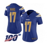 Women's Los Angeles Chargers #17 Philip Rivers Limited Electric Blue Rush Vapor Untouchable 100th Season Football Jersey