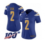 Women's Los Angeles Chargers #2 Easton Stick Limited Electric Blue Rush Vapor Untouchable 100th Season Football Jersey