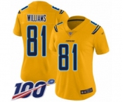 Women's Los Angeles Chargers #81 Mike Williams Limited Gold Inverted Legend 100th Season Football Jersey