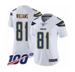 Women's Los Angeles Chargers #81 Mike Williams White Vapor Untouchable Limited Player 100th Season Football Jersey