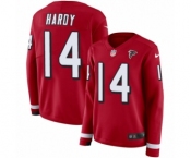 Women's Nike Atlanta Falcons #14 Justin Hardy Limited Red Therma Long Sleeve NFL Jersey