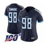 Women's Tennessee Titans #98 Jeffery Simmons Navy Blue Team Color Vapor Untouchable Limited Player 100th Season Football Jersey