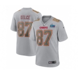 Men's Kansas City Chiefs #87 Travis Kelce Gray Super Bowl LVII Patch Atmosphere Fashion Stitched Game Jersey